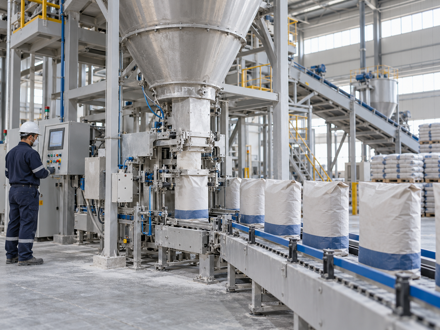 Tile adhesive powder bagging line with steel mixing equipment and an operator in a modern factory