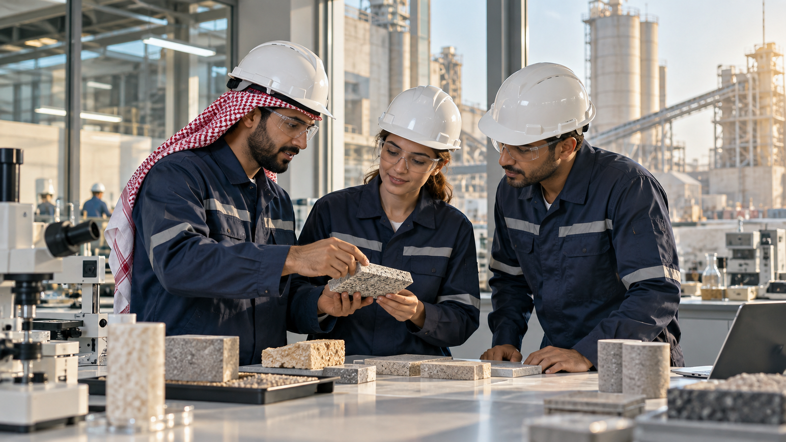 Factory team examining material samples for quality and detail