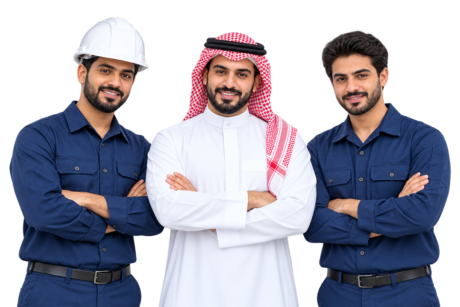 Posed portrait of three industrial professionals standing together