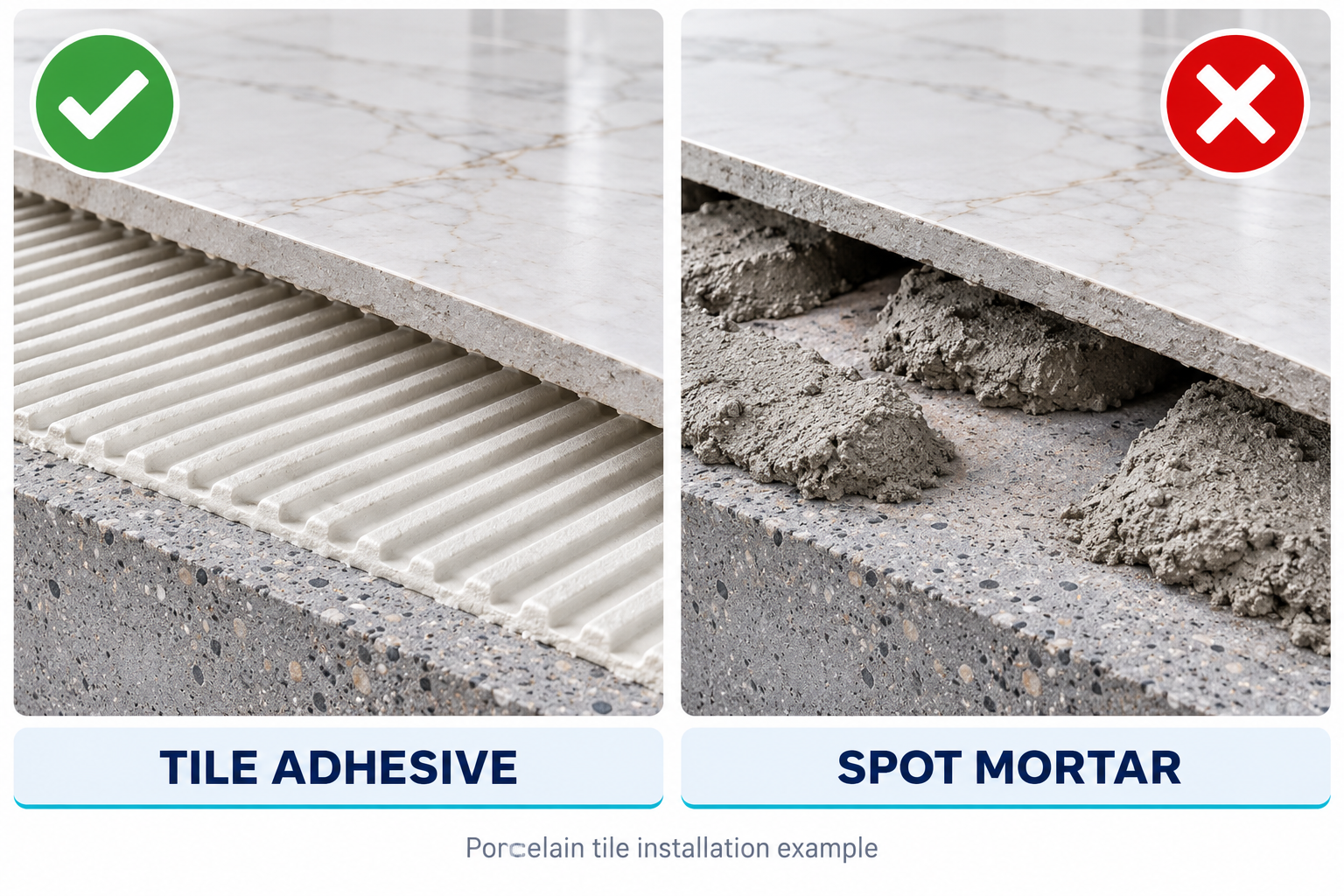 Illustrated comparison: a tick for tile adhesive bedding and a cross for isolated mortar blobs under porcelain tiles