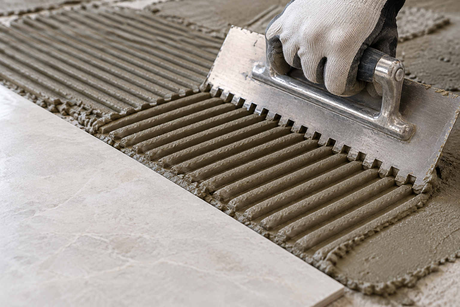 Tile adhesive being applied during installation