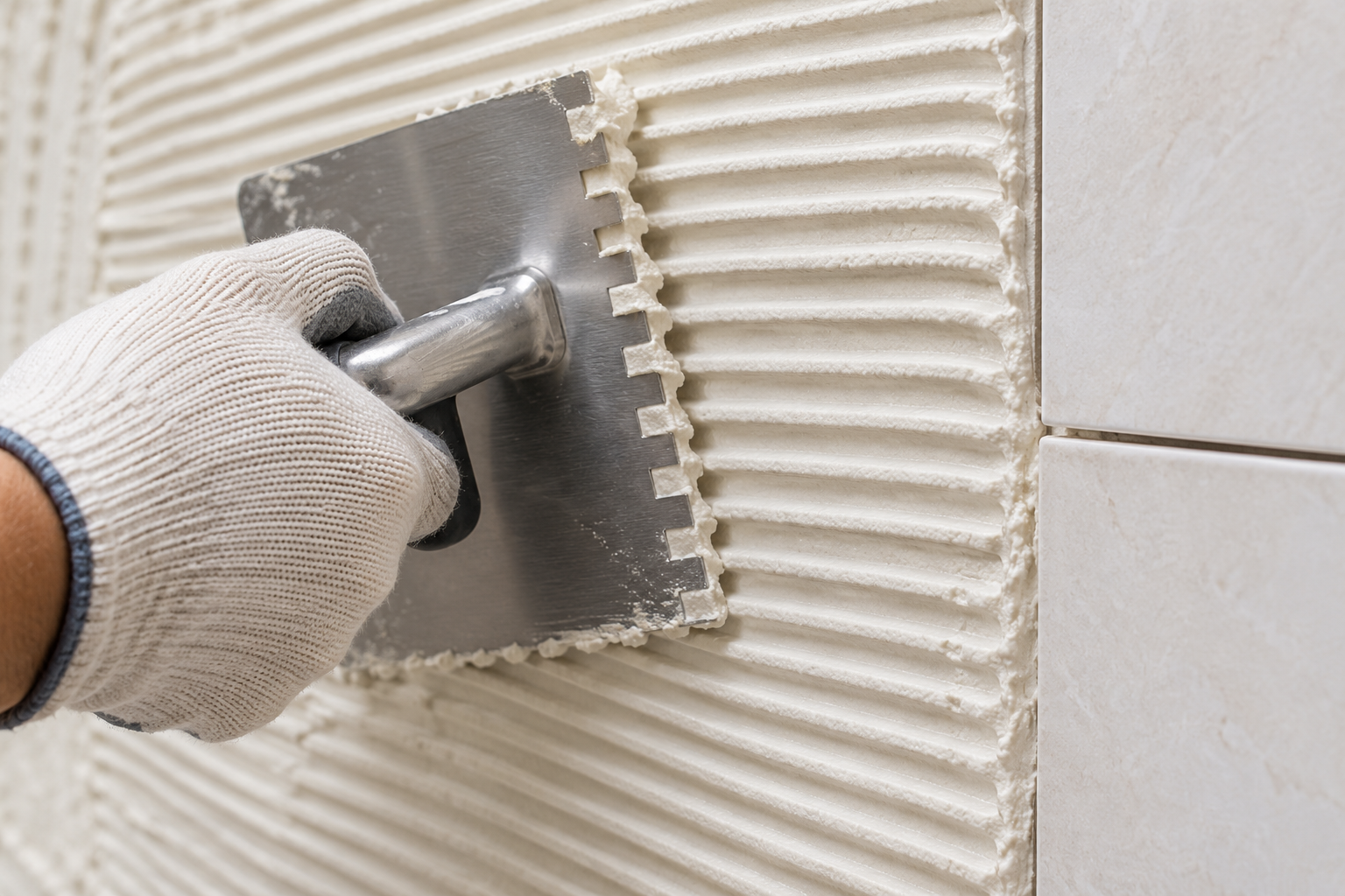 Notched trowel combing tile adhesive onto a wall