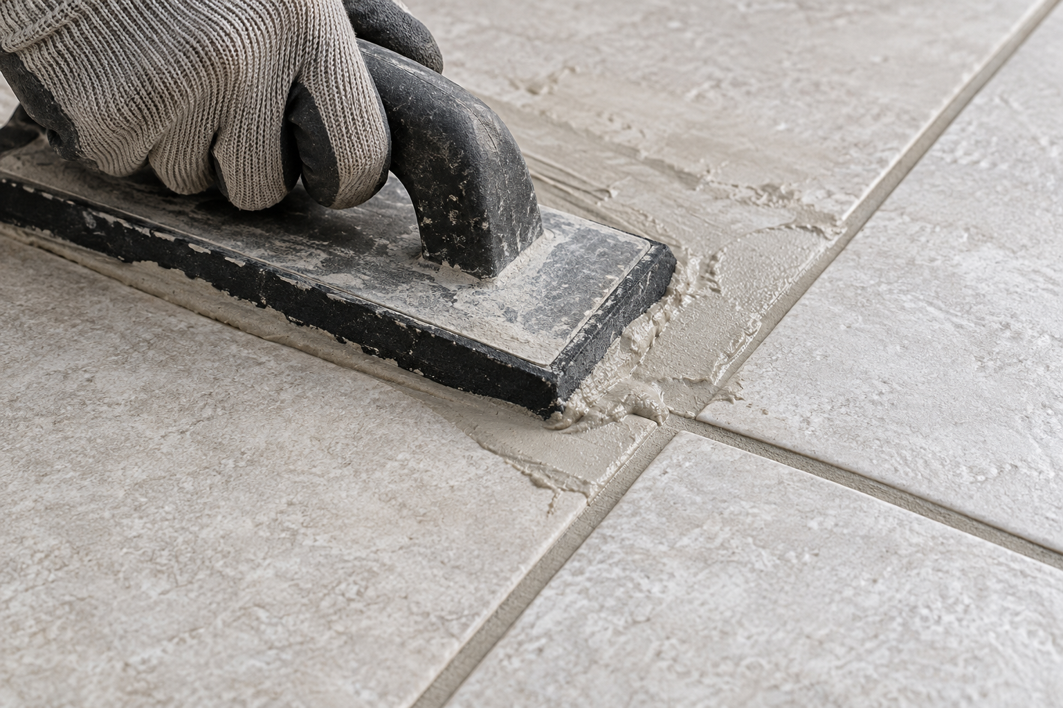 Grout float filling joints between floor tiles