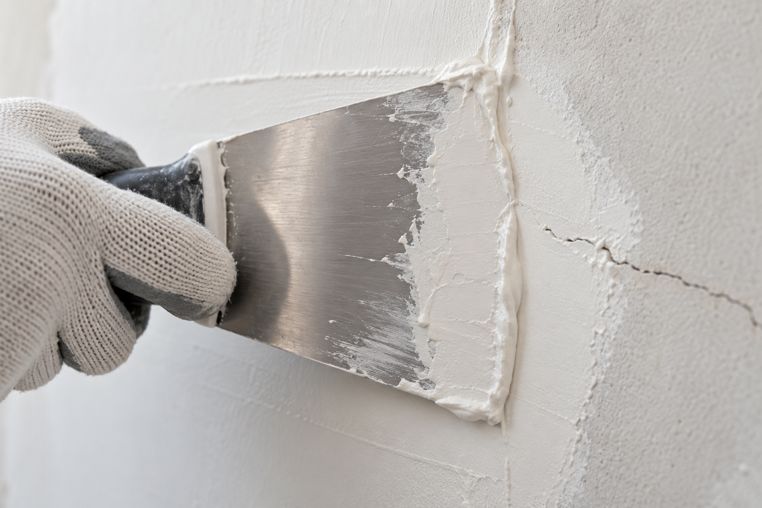 Steel trowel smoothing wall putty onto a wall