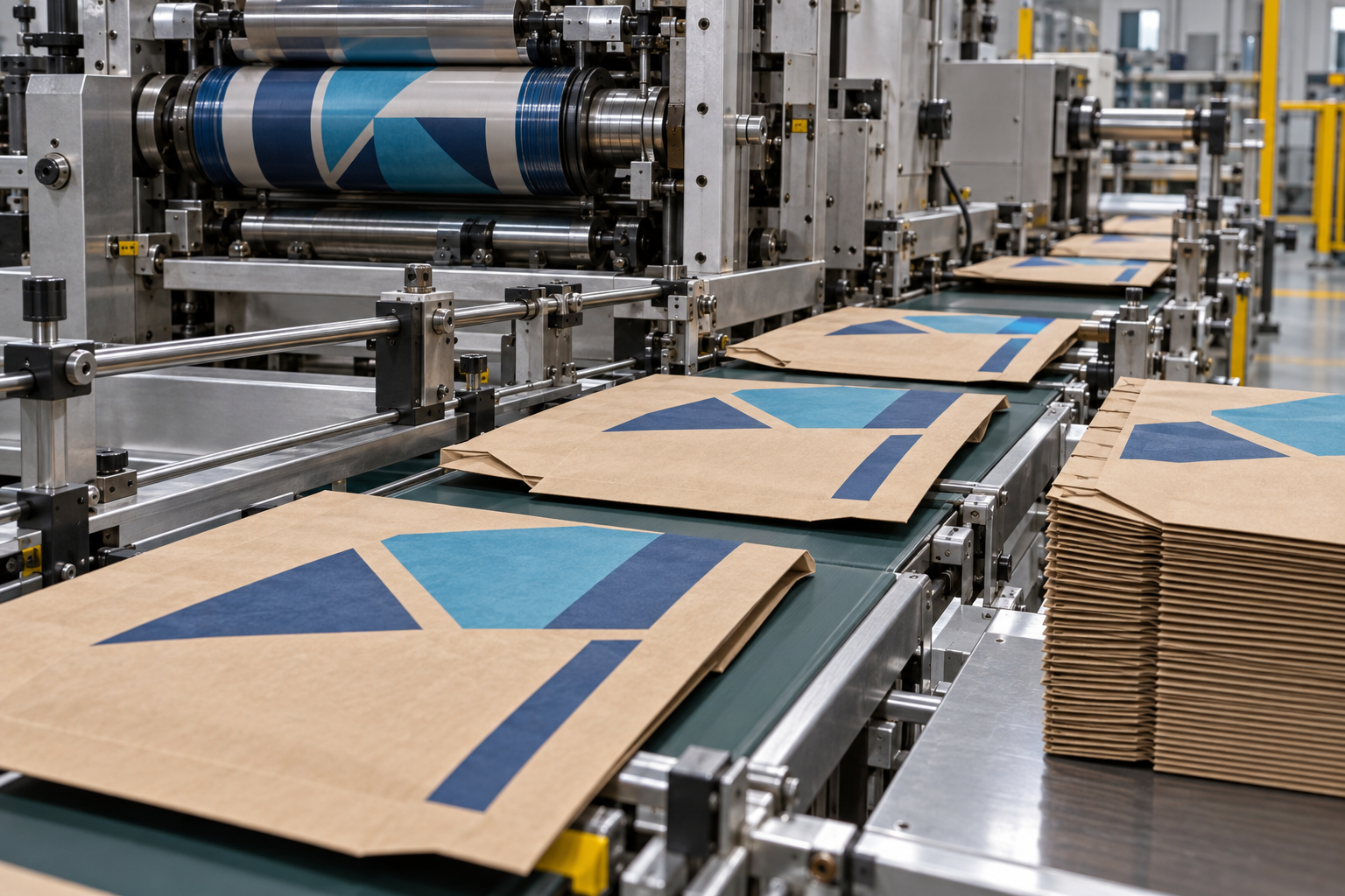 Illustrative bag-printing conveyor in a factory