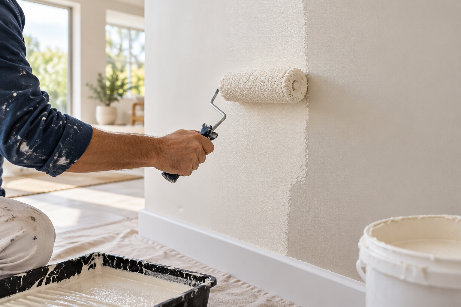 Painter applying a fresh wall coating with a paint roller