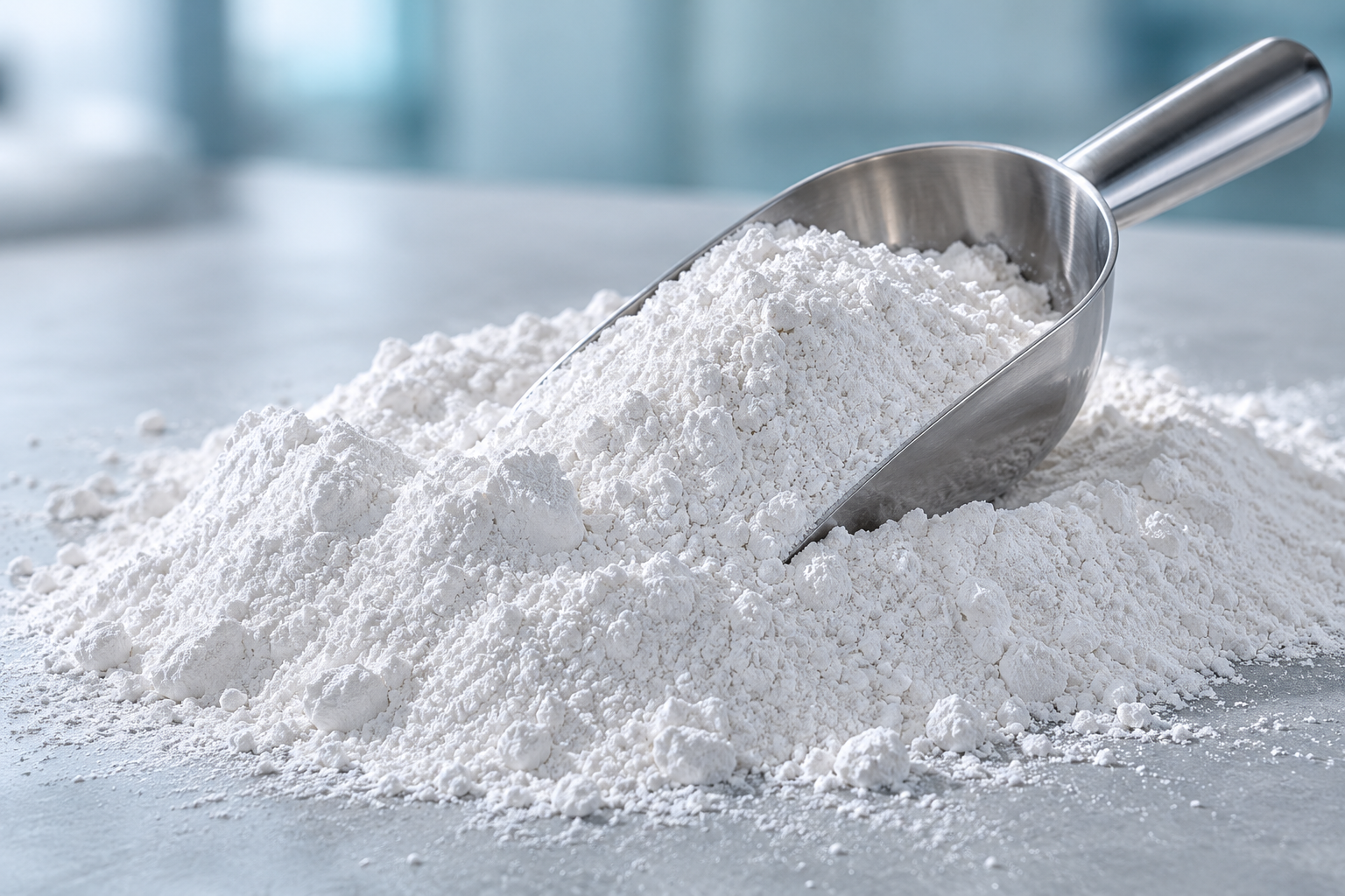 Fine white calcium carbonate powder with a stainless steel sample scoop