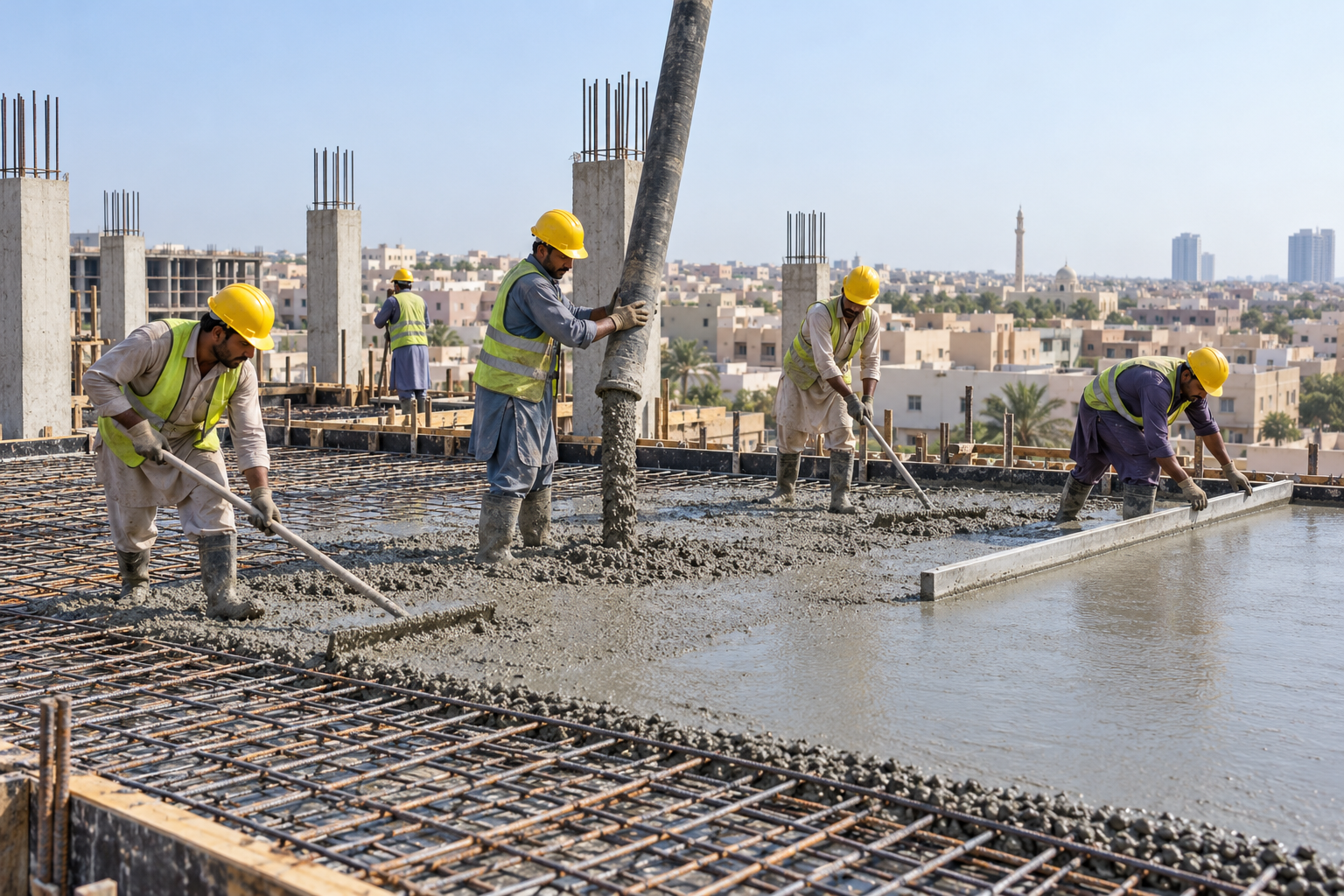 Workers pouring and levelling concrete for a reinforced rooftop slab