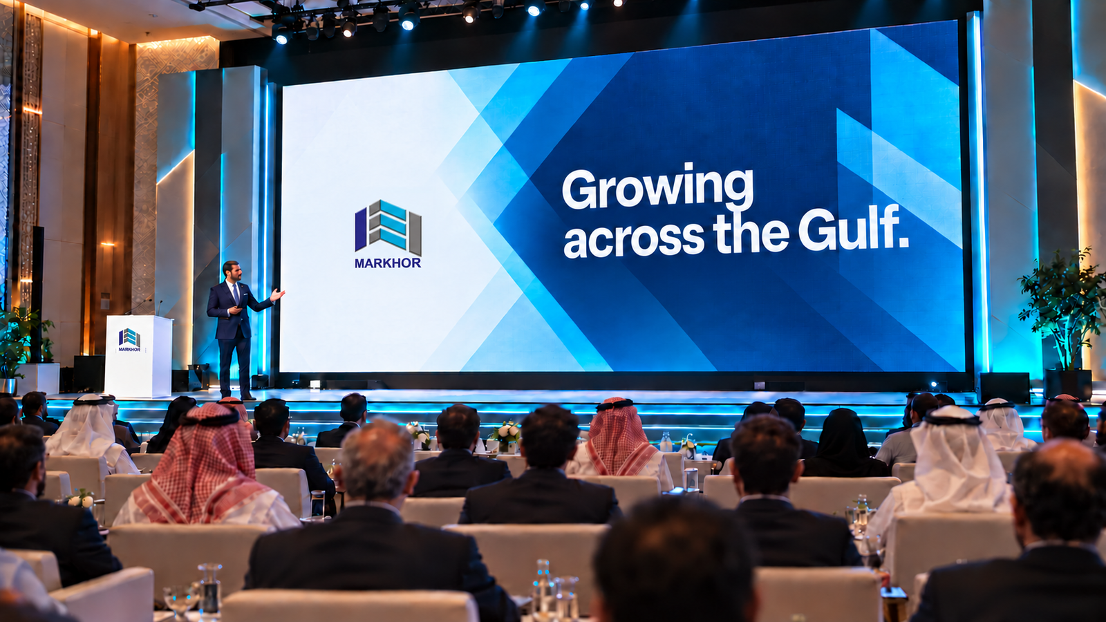 Markhor conference branding mockup with a Growing across the Gulf screen