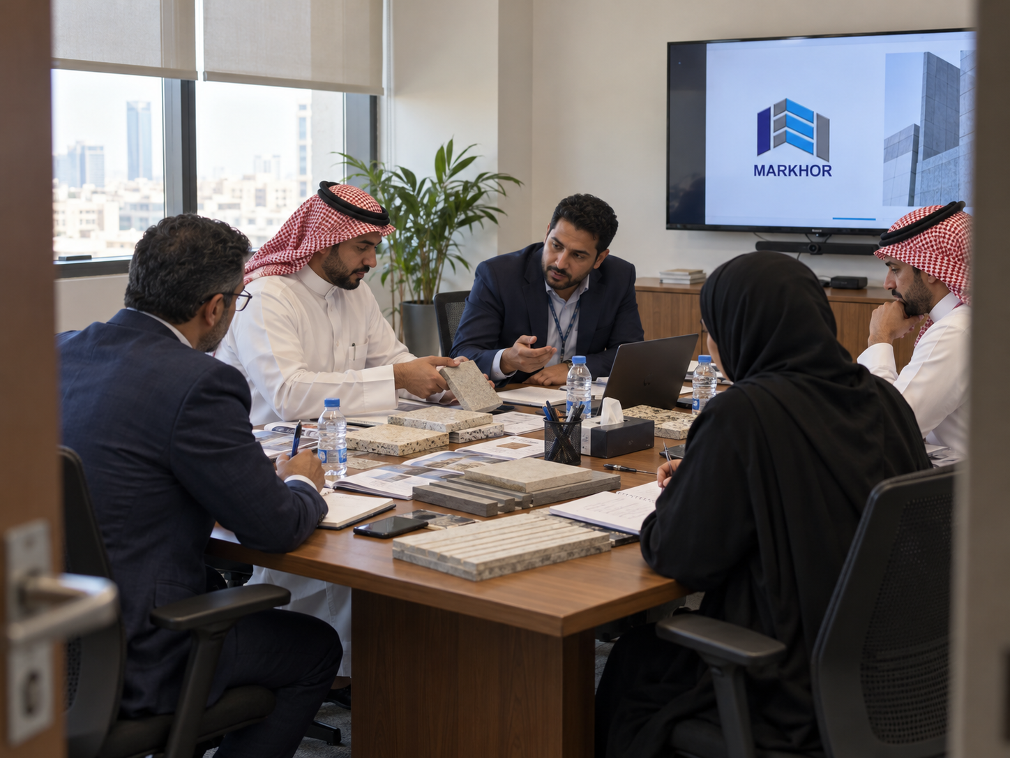 Team discussing material requirements around a meeting table