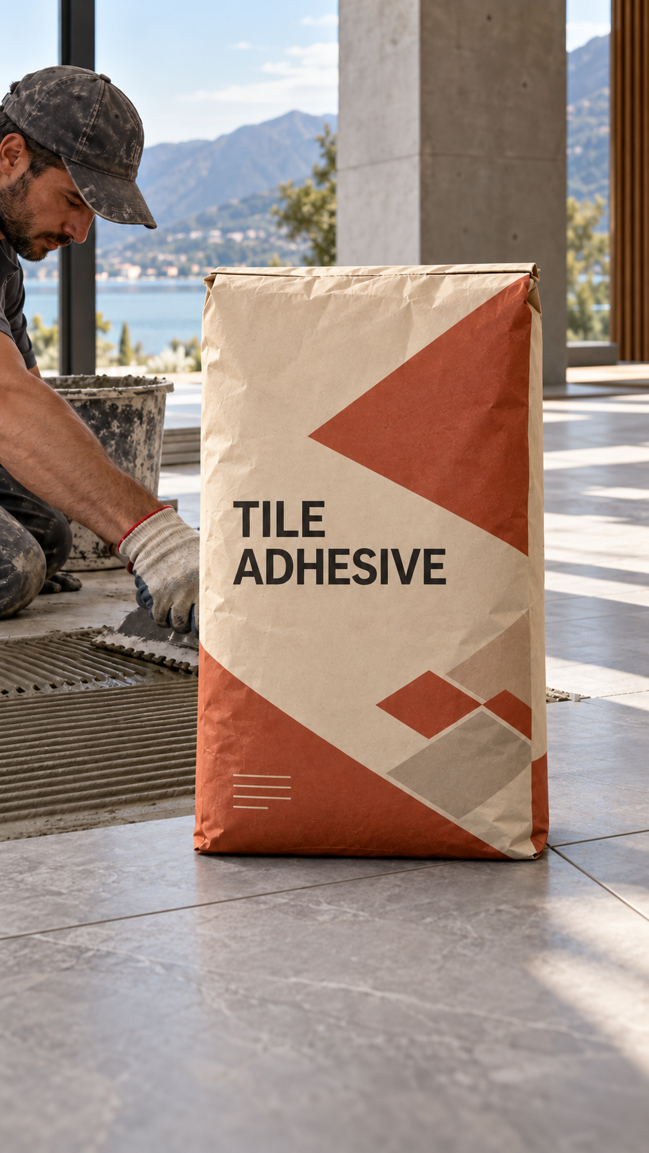 Printed adhesive packaging bags in a construction material setting