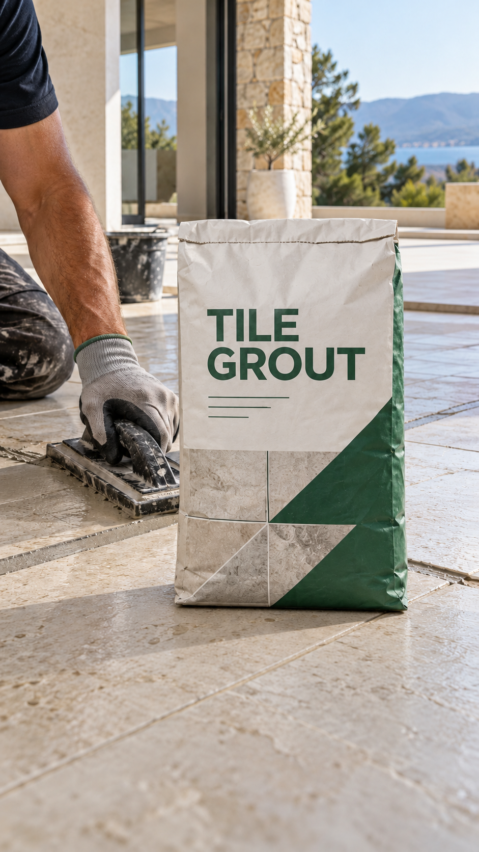 Tile grout applied between tiles beside a generic grout packaging bag
