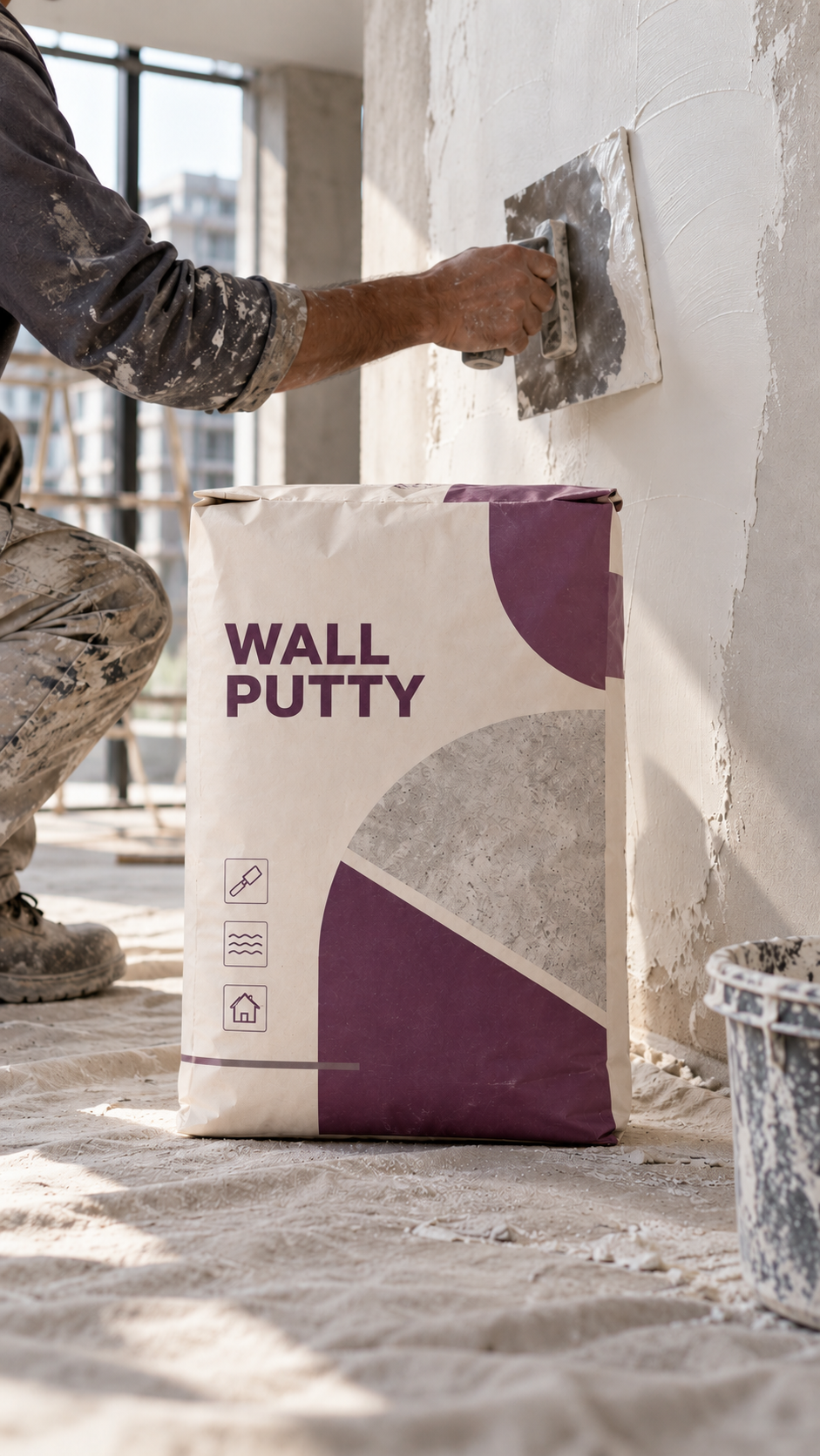 Wall putty applied to a wall beside a generic putty packaging bag