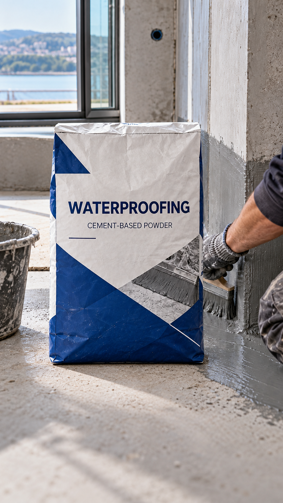Waterproofing applied to a bathroom floor beside a generic waterproofing bag