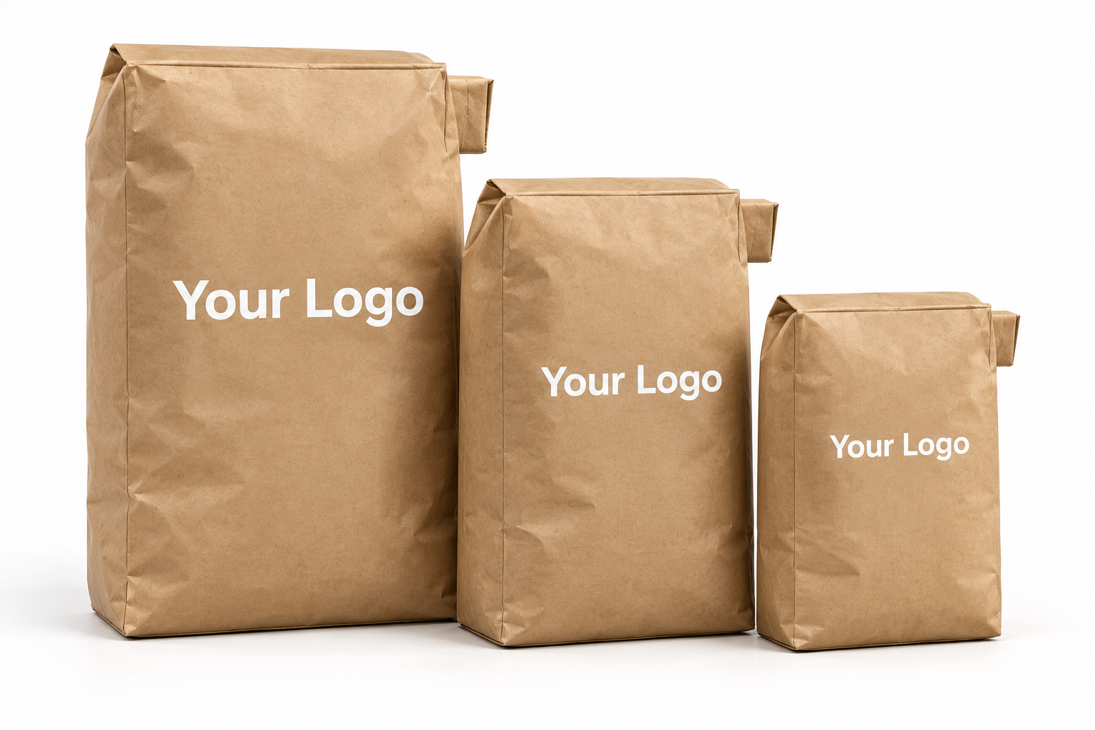 Illustrative large, medium and small kraft valve paper bags with Your Logo printing
