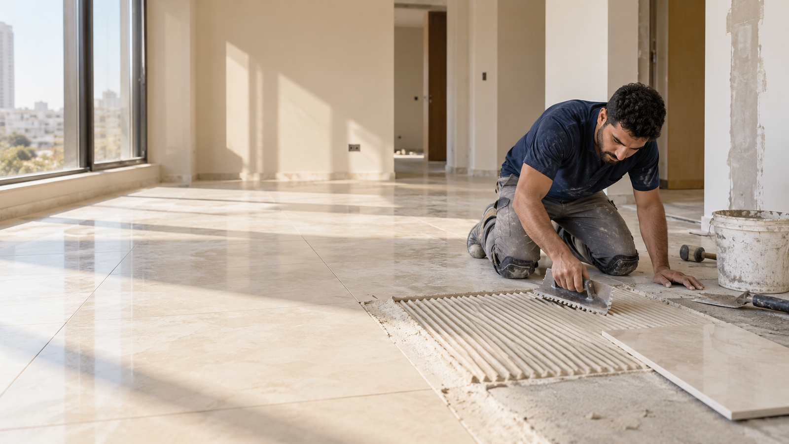 Tile installer applying adhesive for large format flooring