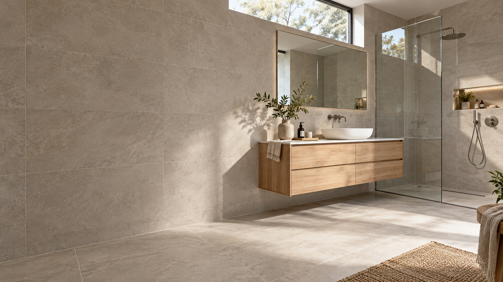 Bathroom with coordinated wall and floor finishes
