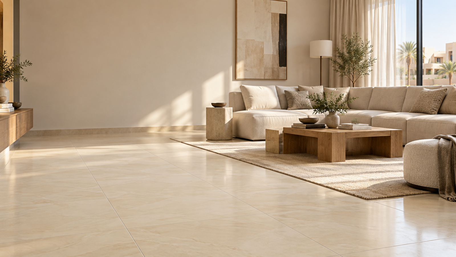 Contemporary living space with tiled floors and finished walls