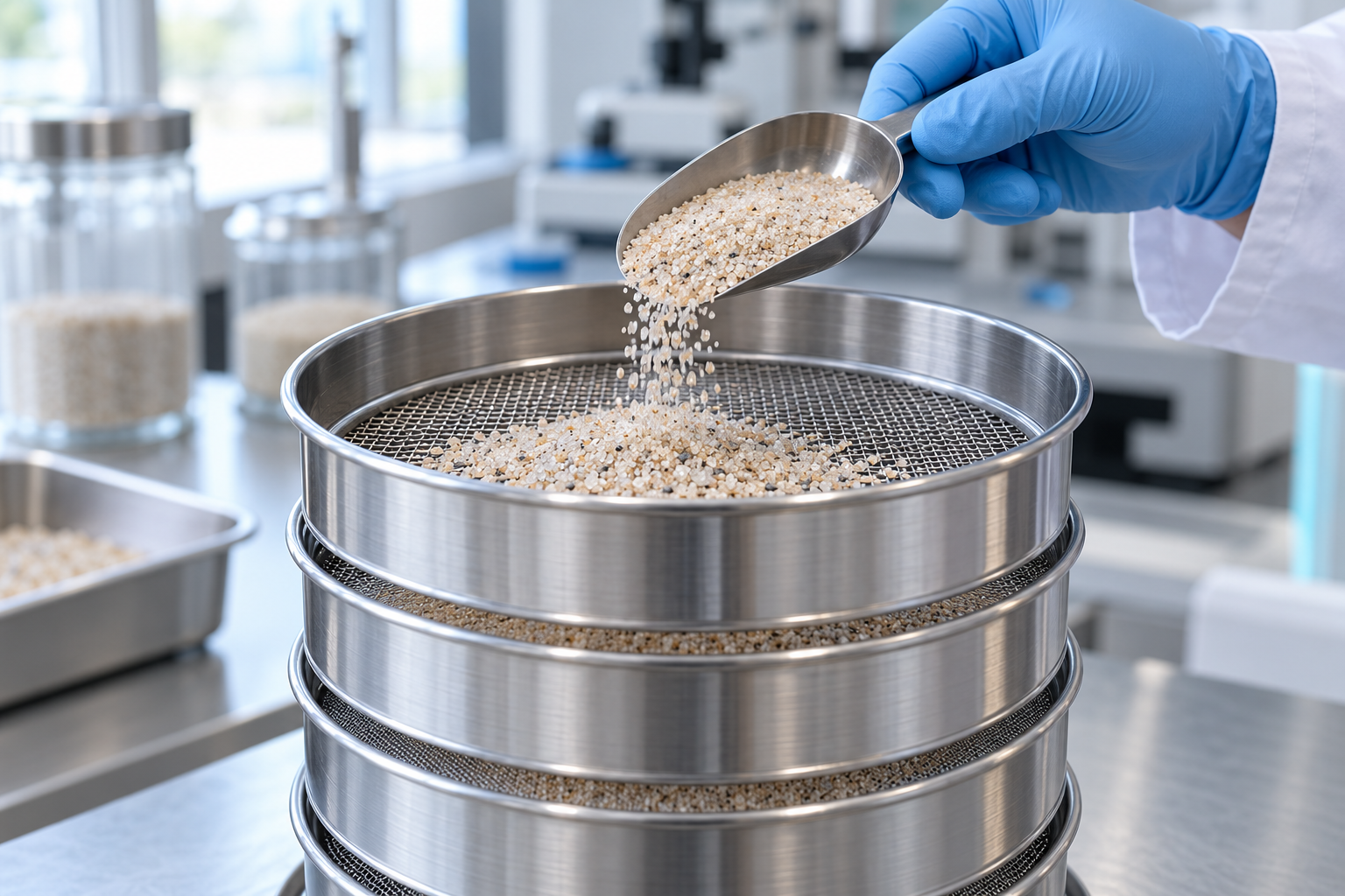 Silica sand sample being checked with particle grading sieves in a laboratory