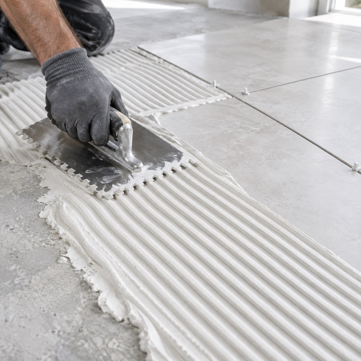 Combed adhesive ready for tile placement